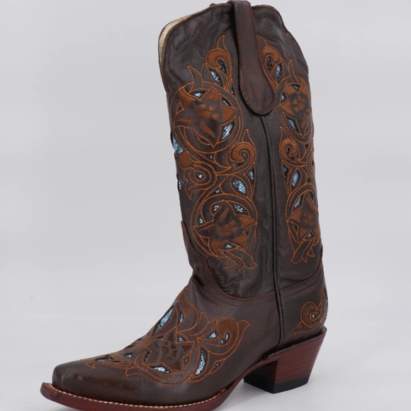 Ferrini Rust and Turquoise Snip Toe Boots - Picture 2 of 5